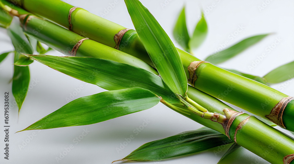 Obraz premium Close up of fresh green bamboo stalks and leaves on a white background surface