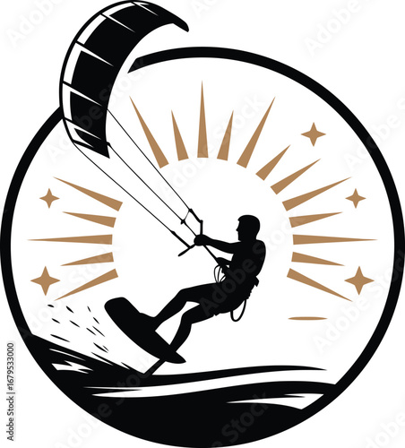 Kitesurfing Silhouette Against a Radiant Sun A Dynamic Depiction of Extreme Water Sport and Coastal Adventure Illustration