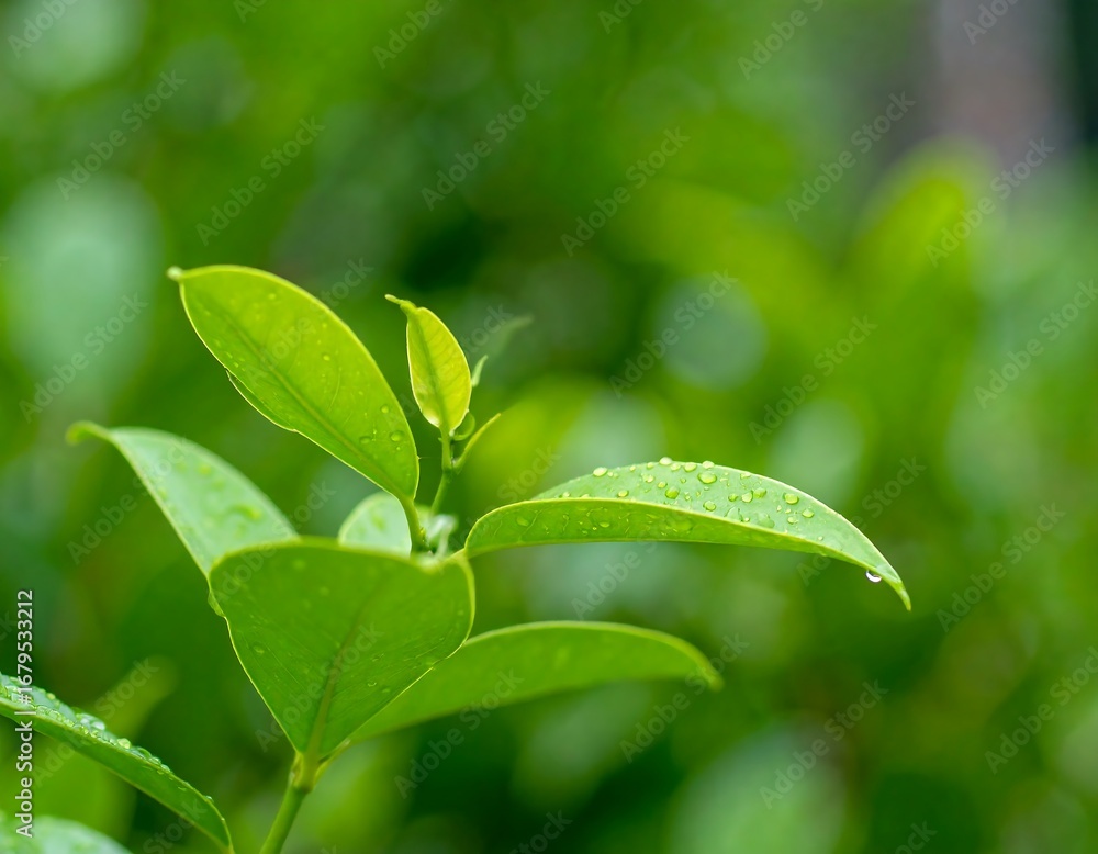 Obraz premium Close-up of vibrant green leaves with dew drops