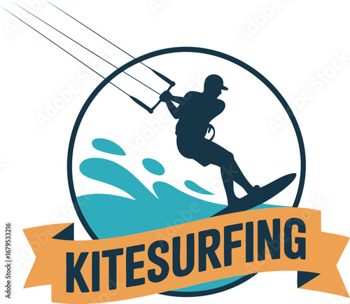 Kitesurfing Silhouette with Water Splash and Ribbon Banner Illustration Extreme Sport Kite Surfer Water Sport Activity