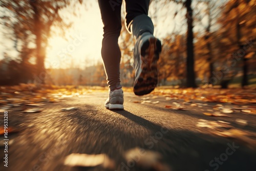 Fototapeta Naklejka Na Ścianę i Meble -  Autumn fitness outdoor run, motion blur, golden hour, city park, dynamic, health-focused lifestyle 