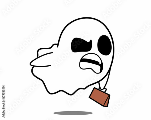 White ghost with face expressions. Spooky cartoon illustration for halloween night. Cartoon character in different emotions and activities. Simple flat character design for mascot, sticker, icon