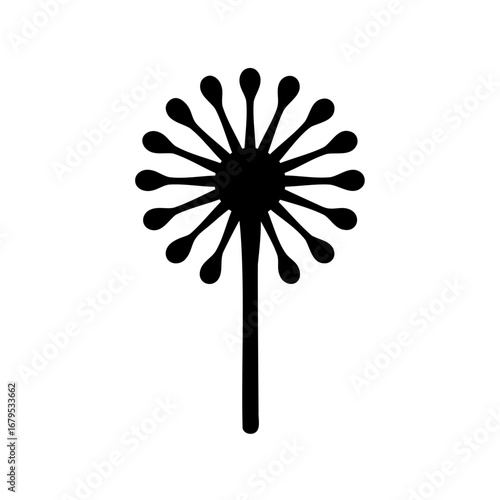 Simple black and white botanical illustration of a stylized dandelion silhouette