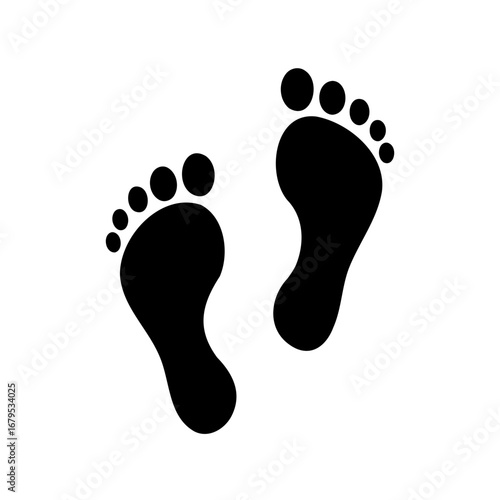 Simple footprints, bare feet, walking on air, black silhouettes on white background