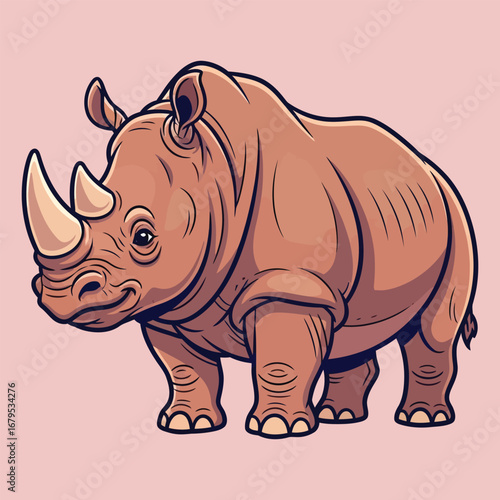 Cartoon illustration of a friendly rhinoceros.