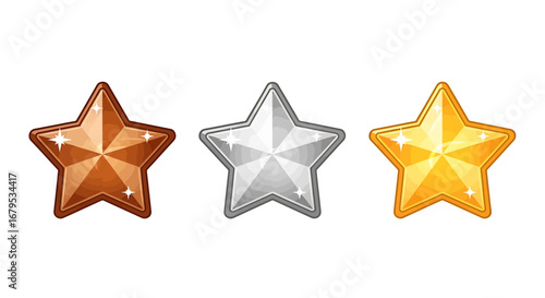 Shiny stars, each reflecting distinct metallic textures.