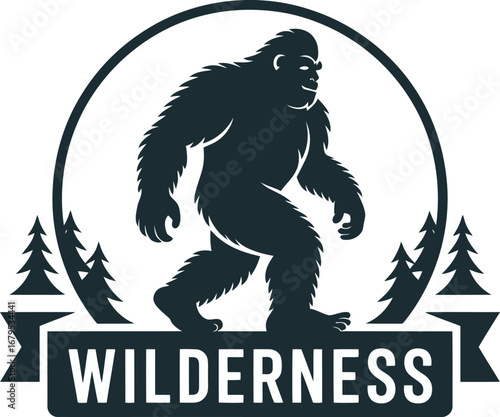 Wilderness Bigfoot Silhouette with Trees and Banner Illustration Forest Creature Cryptid Legend Sasquatch Enigmatic Figure in Woods