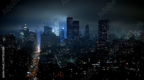 Nightfall cityscape with illuminated skyline