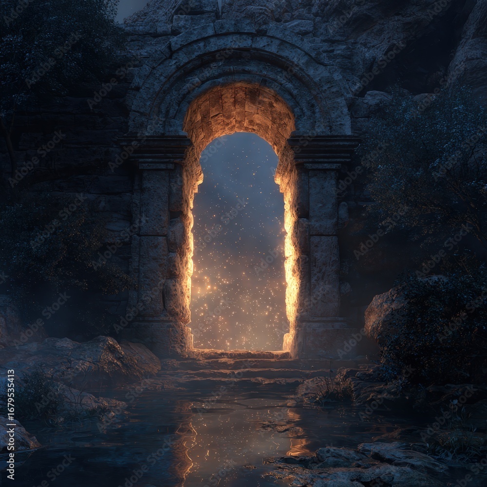 Fototapeta premium Magical portal opening in ancient stone archway 