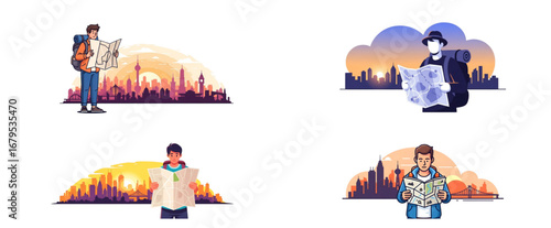 A set of Flat vector male backpacker with map, standing in front of cityscape background. Isolated on white background
