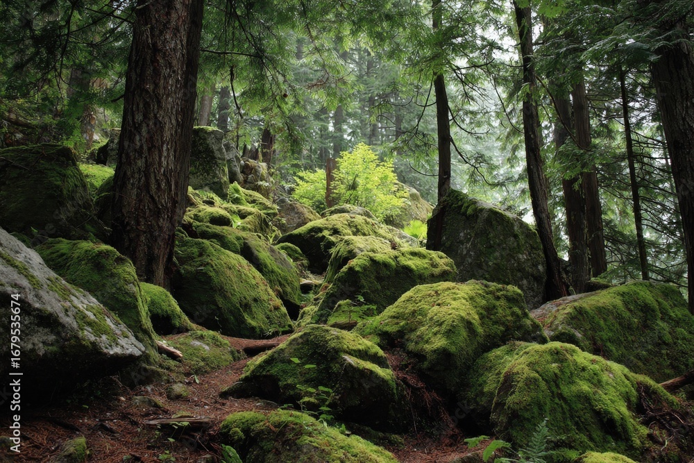 Naklejka premium Moss-covered rocks in old-growth forest 