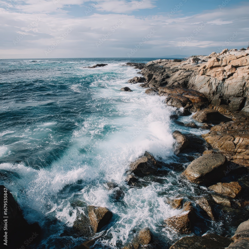 Fototapeta premium Ocean waves crashing on rocky coastline 