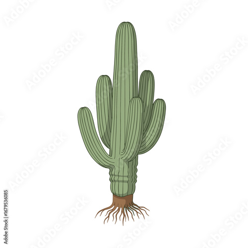 Tall green cactus with multiple arms and roots