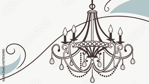 Ornate chandelier with decorative swirls and teardrop crystals on a light background design element