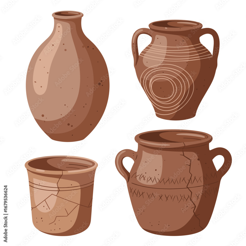Collection of antique clay pottery vessels from ancient civilizations Collection of antique clay pottery vessels from ancient civilizations