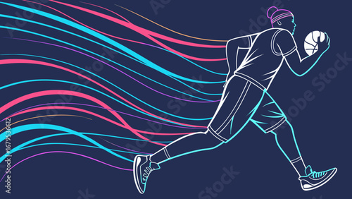 Illustration of a basketball player running with a ball with colorful lines in the background design style