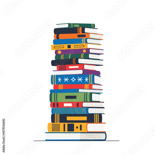 Tall stack of colorful books for reading and education