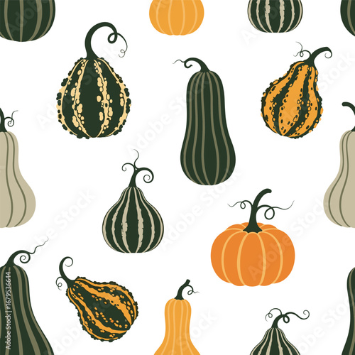 Decorative pattern of assorted gourds and pumpkins for autumn season
