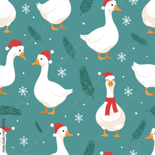 Cute geese wearing santa hats seamless christmas pattern