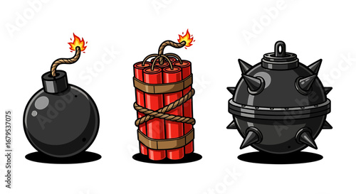 Set of three different bombs isolated on a simple background.