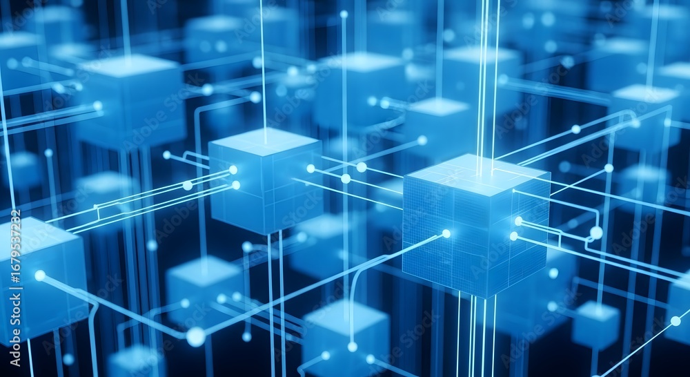 Obraz premium Abstract glowing blue cubes interconnected by luminous lines representing a digital network or data flow