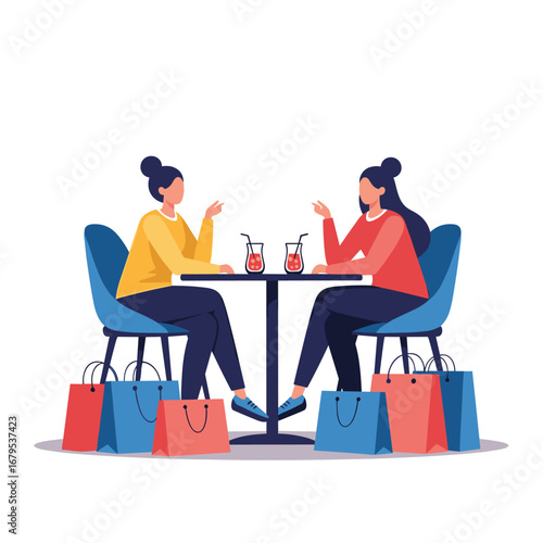 Two women chatting over drinks with shopping bags