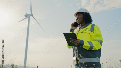View from below of African American woman standing in middle of large field and talking on smartphone. Holding tablet device with one hand. Consulting with boss or manager. Wind turbine in background.