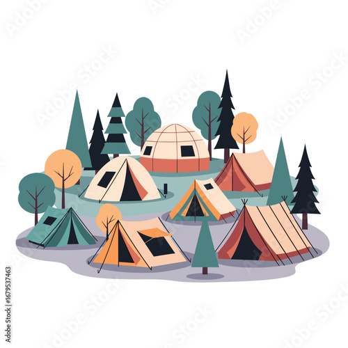 Diverse tents arranged amidst trees and hills offering shelter and adventure