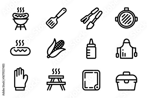 Essential Barbecue and Picnic Icons Set Featuring Grill Food and Utensils Line Art Design for Summer Gatherings