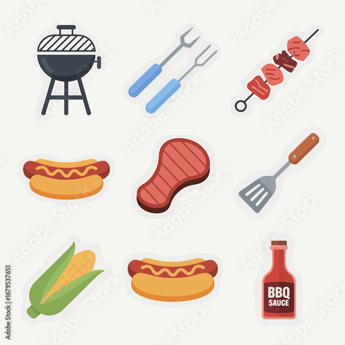 BBQ Grill Party Icon Set with Hotdogs Steak Corn and Skewers for Summer Cookouts and Gatherings Illustration