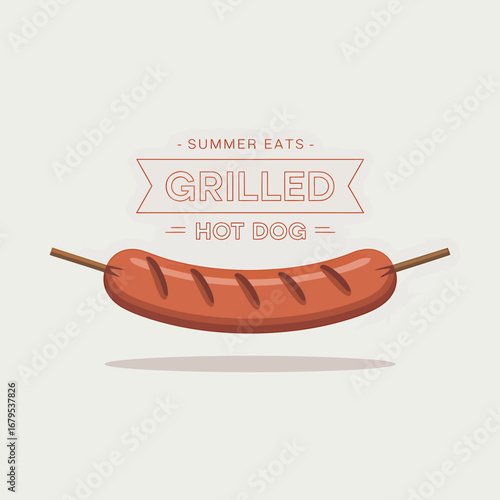 Grilled Hot Dog Illustration for Summer Eats with Skewer and Shadow Vector Graphic Isolated on White Background