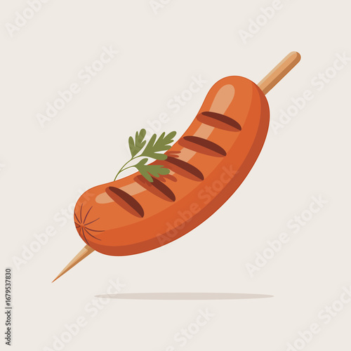 Grilled Sausage on a Stick with Parsley Garnishing Delicious Food Presentation for Culinary Projects and Appetite Imagery