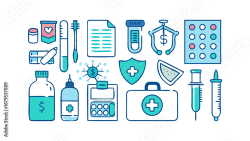 A vibrant vector set of medical icons with symbols for pharmacy, hospital, and health care illustrations for web and print