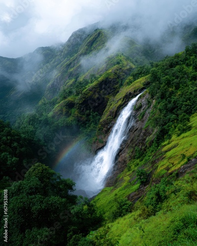 forest waterfall with mist and rainbow, lush green surroundings