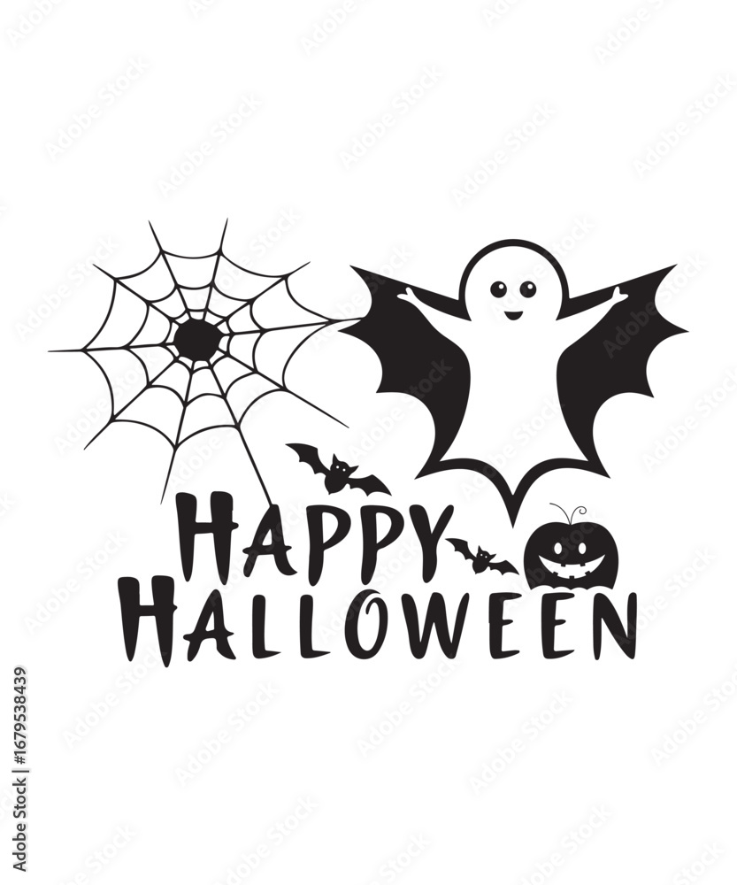 Fototapeta premium Happy Halloween Ghost, Spider Web, Bat and Pumpkin.