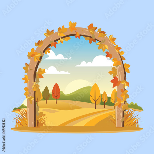A rustic wooden archway with an open top, framing a peaceful field of hay with rolling hills and a serene sky