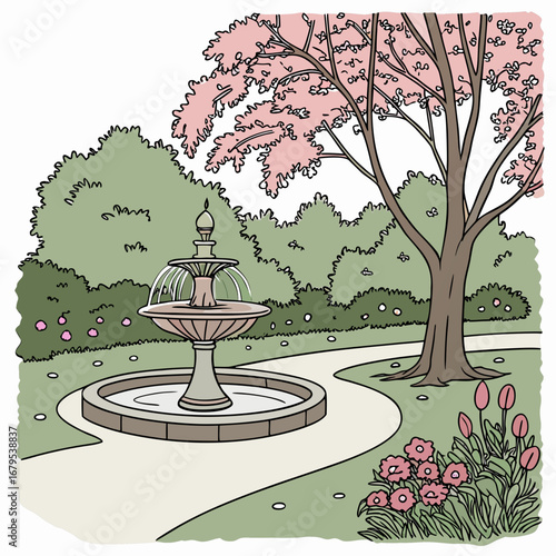 A charming garden scene with a tiered water fountain blooming pink flowers and a large tree with pink blossoms