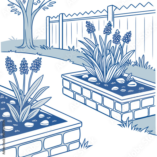 A charming garden scene with blooming blue hyacinth flowers in raised brick planters and a wooden fence