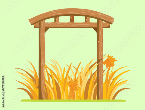 A charming wooden archway with a simple design, surrounded by tall grass and scattered autumn leaves for a serene scene