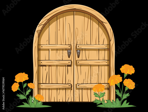A pair of rustic wooden double doors with a rounded top, set against a simple and peaceful background