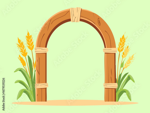 A charming wooden arch adorned with golden wheat and plants, a serene and gentle pastoral scene