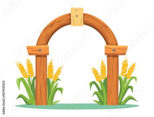 A simple wooden arch with golden wheat stalks, an elegant and minimalist design for the harvest season