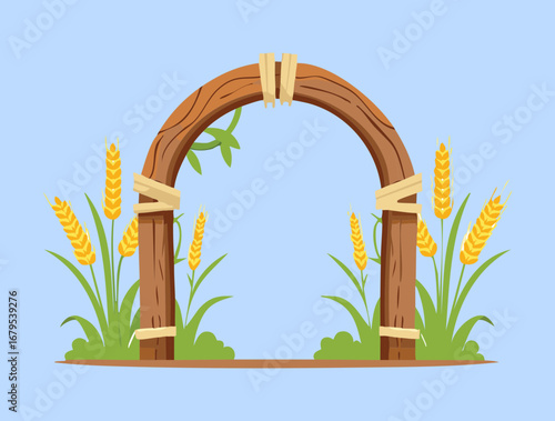 A charming wooden arch adorned with golden wheat stalks and flowers, symbolizing harvest season and abundance