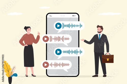Two people using smartphone with large chat screen, showcasing voice messages. Communication, mobile technology for talking and chatting