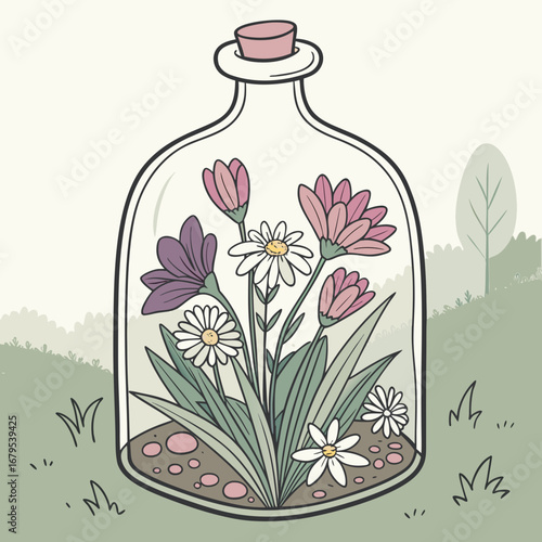 Charming illustration of a glass bottle terrarium filled with colorful wildflowers and daisies in a natural outdoor setting