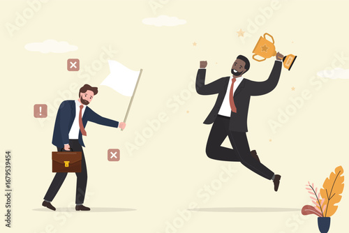 Winner and loser. sad businessman waving white flag. Happy winner with trophy and profit. Overcoming obstacles and win. Business competition. Give up on work and business.