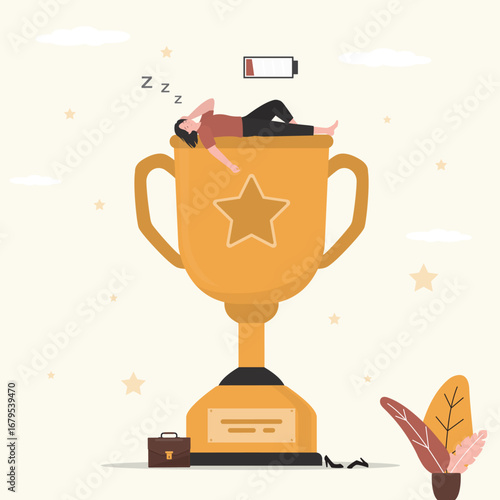 Tired and exhausted woman lies on the winner's cup. Fatigue, businesswoman sleeps after achieving triumph or overcoming all obstacles. Burnout, no energy, empty battery.