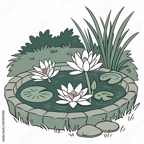 Charming illustration of a serene garden pond adorned with blooming white water lilies and lush green foliage