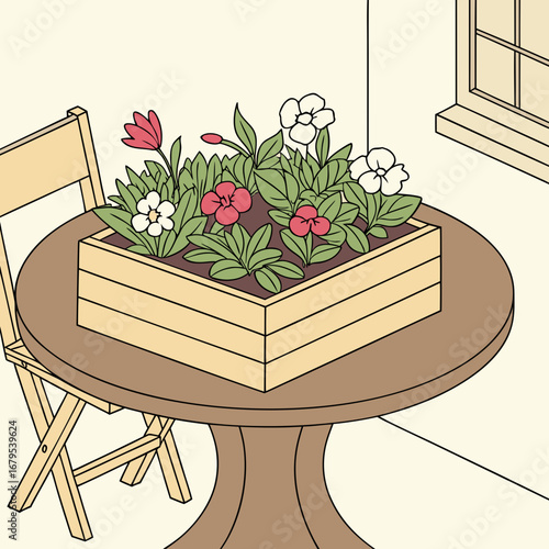 Charming illustration of a wooden planter box filled with colorful flowers on a round table with a chair