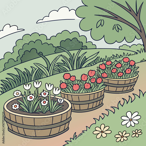 Charming illustration of colorful flowers blooming in wooden planters on a grassy hillside with a large tree and clouds